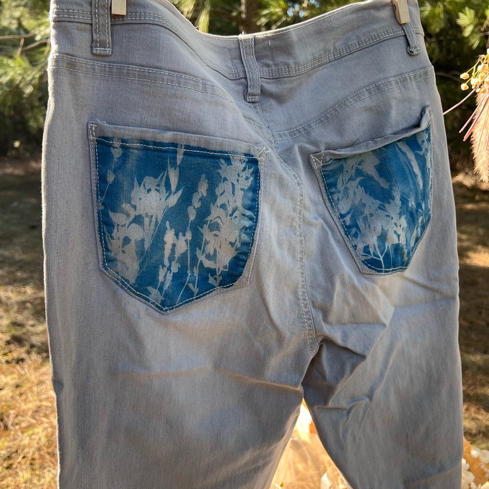 Light Blue Jeans with Floral Cyanotype print